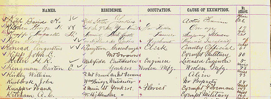 Reasons for exemptions for jury duty, c. 1897-1901. Click image to view full page.  Source: Series 123, Jurors Exemption Lists, 1892-c. 1925, A-0129 (1)S (B11), 