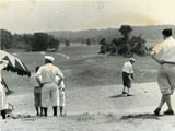 Teeing off at Maple Moor Golf Course, 7 July 1929 (PPC-5960)